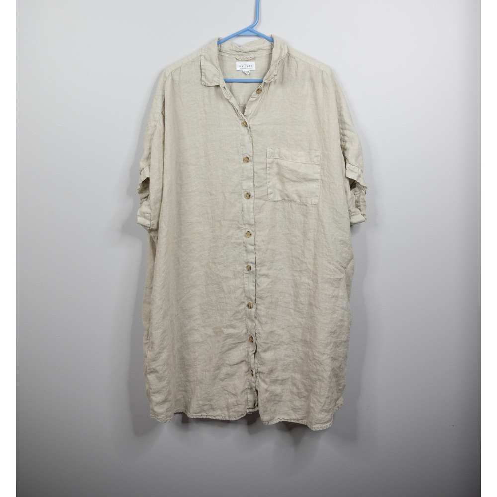 Velvet by Graham & Spencer Shirt Dress Women Large Beige Linen Short Sleeve